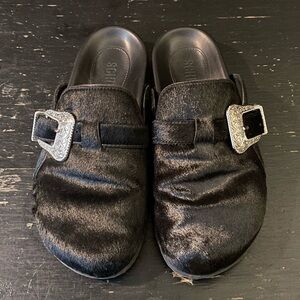 Schutz Grace Calf Hair Clog Black Slip-On Shoes with Silver Buckles